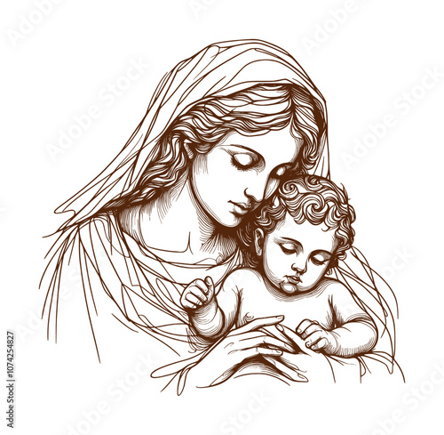 sketch illustration of mother mary with baby jesus - christianity (artwork 3)