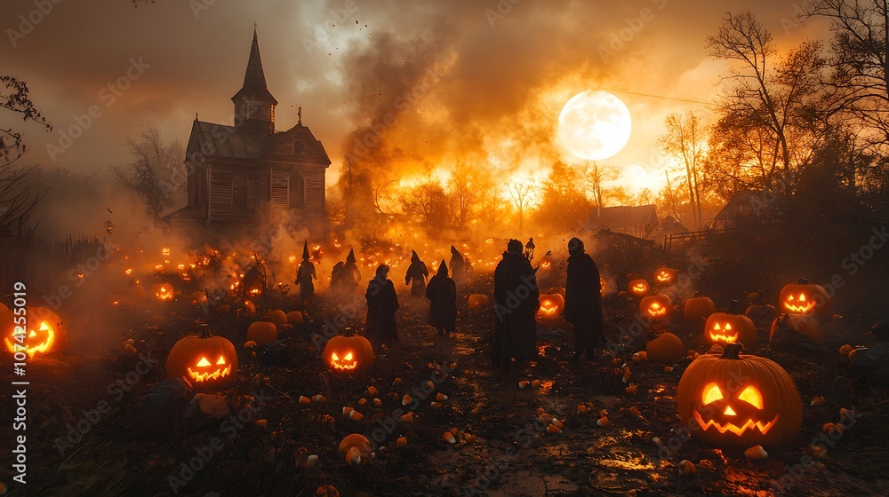 Haunted Cornfield Adventure with Children in Creepy Atmosphere Surrounded by Jack-o'-Lanterns at Dusk with Eerie Glow and Spooky Vibes Haunted Cornfield Adventure with Children in Creepy Atmosphere Surrounded by Jack-o'-Lanterns at Dusk with Eerie Glow and Spooky Vibes