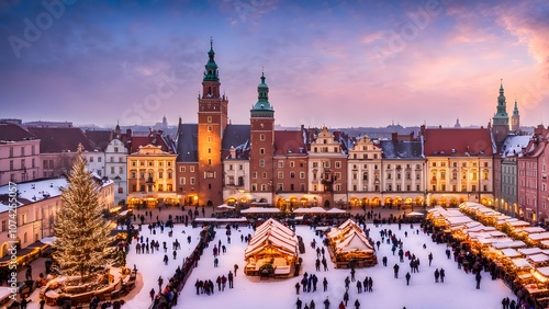 Poland a winter scene in krakws market square with colorful buildings a Christmas market, Ai Generated photo