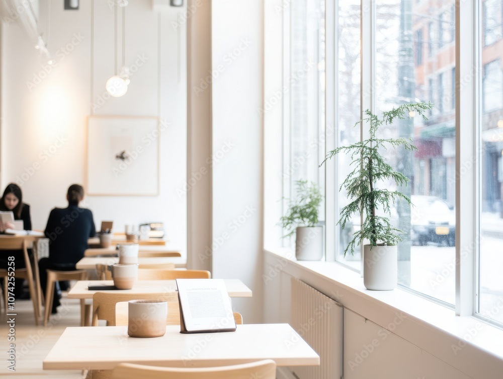 A serene cafe interior with natural light and minimal decor. A serene cafe interior with natural light and minimal decor.
