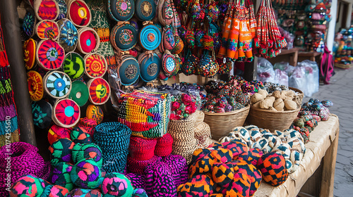 A market stall selling traditional Christmas decorations, with vibrant colors and festive patterns on display 