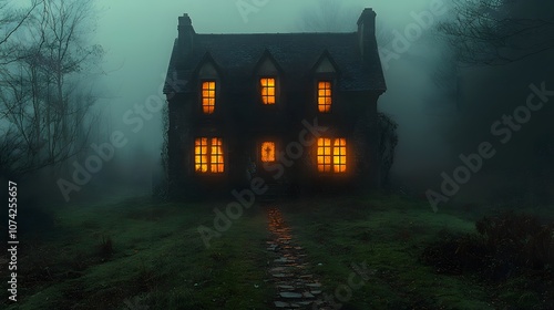 Eerie Haunted House Surrounded by Fog in an Abandoned Village with Warm Lights Glowing from Windows in the Middle of a Mysterious Landscape