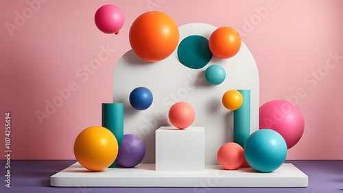 A modern geometric podium surrounded by vibrant floating shapes like colorful balloons, AI Generated