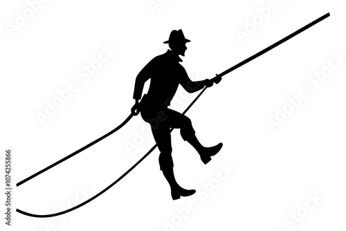 Silhouette of the speleologist on the rope. Explorer on rope. Black and white illustration. Isolated Vector Illustration