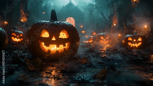 Haunting Night Scene Featuring Glowing Jack O'Lanterns in a Foggy Graveyard Near an Abandoned House Under a Spooky Full Moon