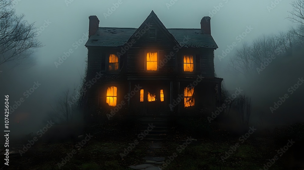 Eerie Haunted House at Dusk with Broken Shutters and Glowing Windows Surrounded by Fog and Darkness, Eliciting a Chilling and Mysterious Atmosphere in Nature Eerie Haunted House at Dusk with Broken Shutters and Glowing Windows Surrounded by Fog and Darkness, Eliciting a Chilling and Mysterious Atmosphere in Nature