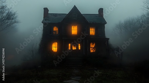 Eerie Haunted House at Dusk with Broken Shutters and Glowing Windows Surrounded by Fog and Darkness, Eliciting a Chilling and Mysterious Atmosphere in Nature