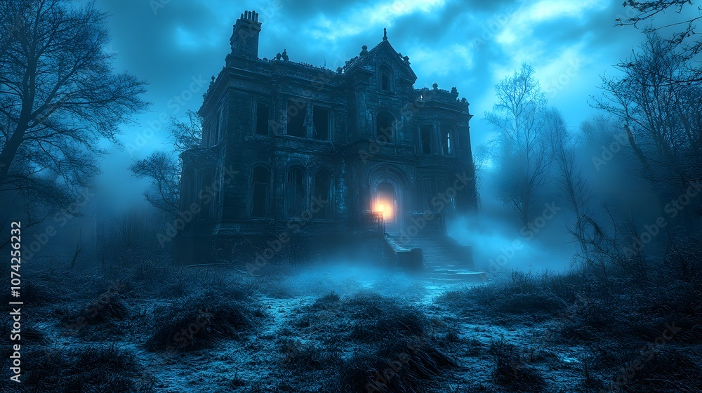 Eerie Haunted House with Cracked Walls Illuminated by Blue Light, Surrounded by Misty Landscape and Dark Trees in a Spooky Atmosphere Eerie Haunted House with Cracked Walls Illuminated by Blue Light, Surrounded by Misty Landscape and Dark Trees in a Spooky Atmosphere