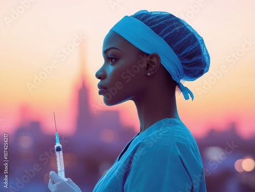 A healthcare professional holds a syringe against a vibrant sunset backdrop. photo