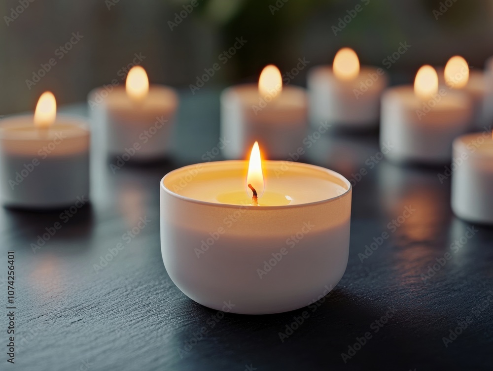 A serene scene of glowing candles in a tranquil setting. A serene scene of glowing candles in a tranquil setting.