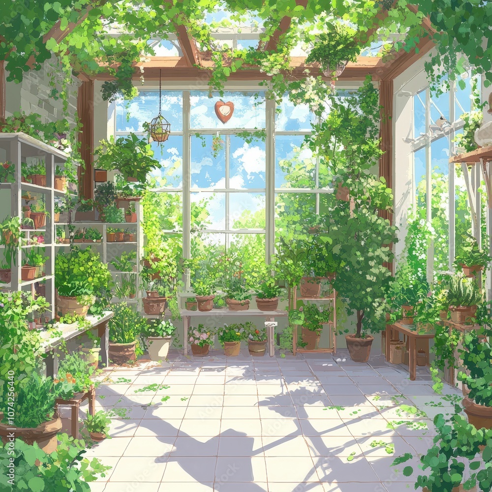 Obraz premium Lush Green Indoor Garden with Sunlight Streaming through Windows, Featuring Abundant Plants, Shelves, and a Heart-Shaped Decorative Element on the Wall
