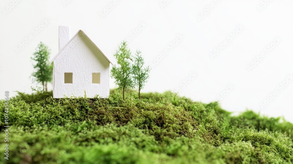 A delicate paper house model rests on a green moss cushion in the garden. with a bright white backdrop A delicate paper house model rests on a green moss cushion in the garden. with a bright white backdrop