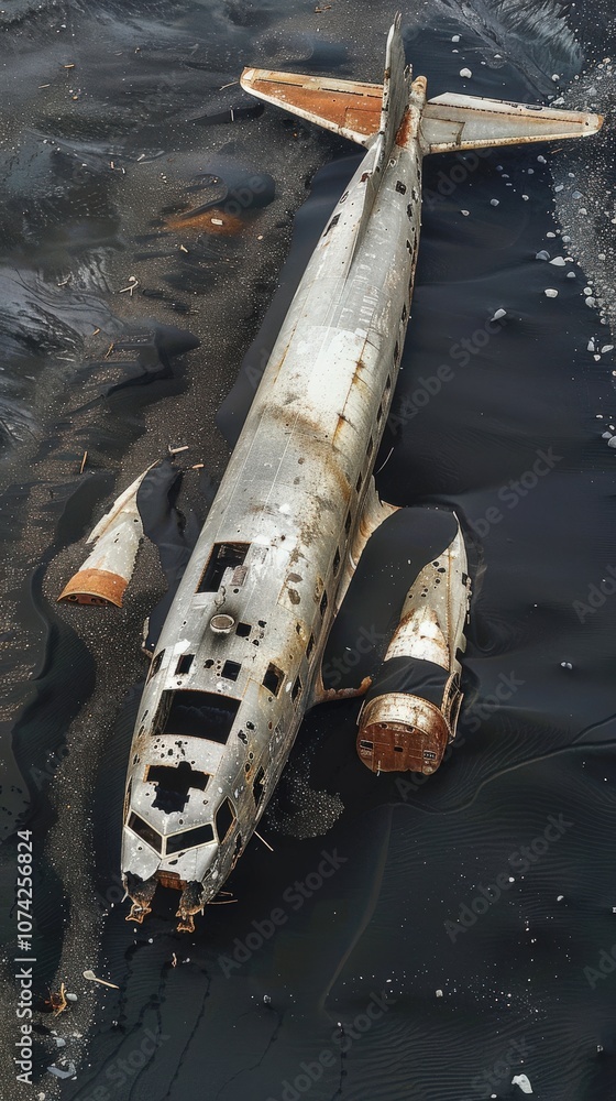 Fototapeta premium Aerial View of Plane Wreck Partially Buried in Black Sand