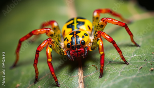 Big poison spider sits in the leaf, colored, close up view, macro