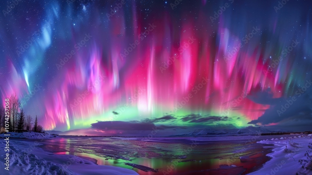 Naklejka premium With each burst of color the radiant aurora particles seemed to come to life painting the atmosphere in a breathtaking display of natural beauty.