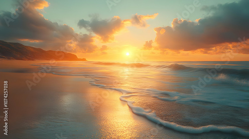 A stunning sunset over the ocean with vibrant colors reflecting on the water and gentle waves lapping at the shore.