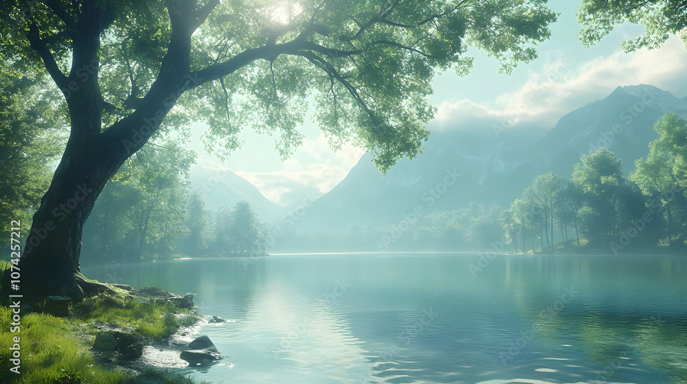 A tranquil landscape featuring a serene lake, lush trees, and majestic mountains under a bright, clear sky. A tranquil landscape featuring a serene lake, lush trees, and majestic mountains under a bright, clear sky.