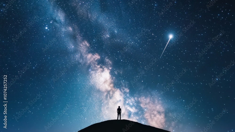 A silhouette against a starry night sky with a bright comet. A silhouette against a starry night sky with a bright comet.