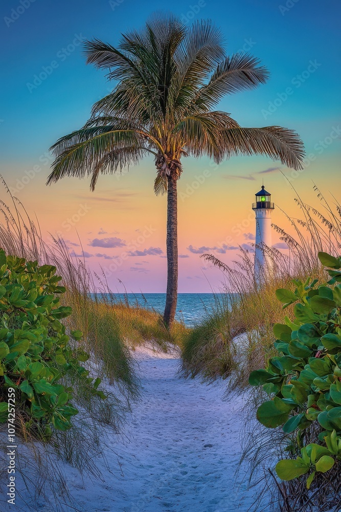 Obraz premium A palm tree stands tall in the foreground, framing a path leading to a lighthouse on a sandy beach.