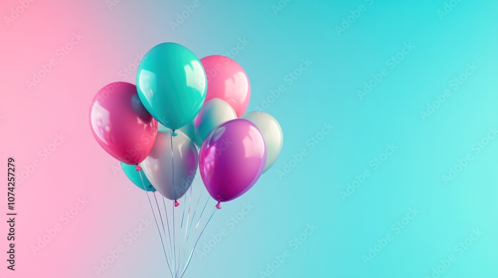 A joyful bunch of assorted balloons in vibrant hues like turquoise, fuchsia, and lime green, suspended against a dynamic, gradient-colored backdrop. A joyful bunch of assorted balloons in vibrant hues like turquoise, fuchsia, and lime green, suspended against a dynamic, gradient-colored backdrop.