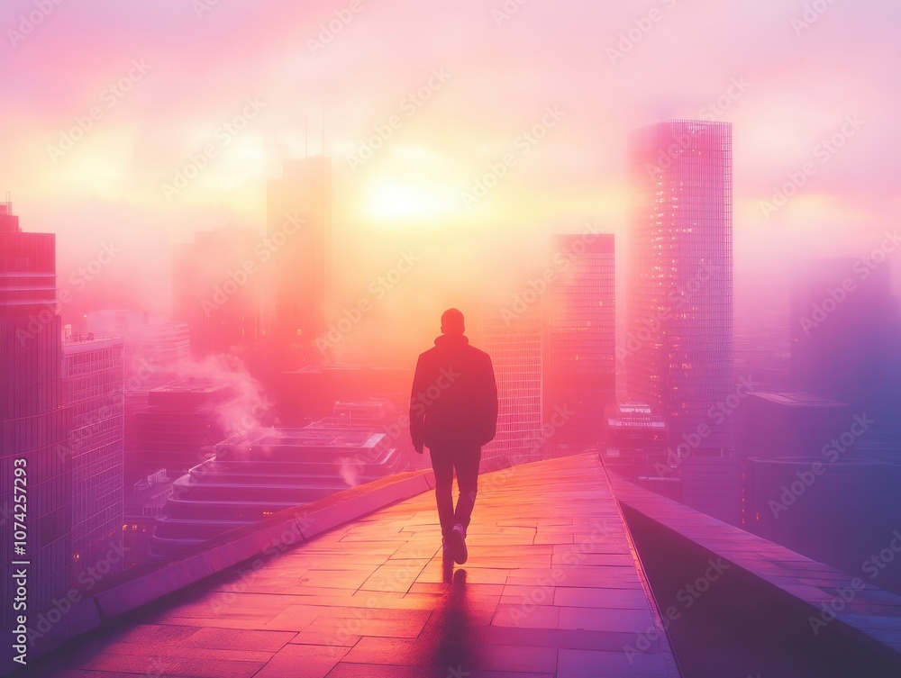 A person walks towards a vibrant skyline at sunrise, embodying adventure and reflection. A person walks towards a vibrant skyline at sunrise, embodying adventure and reflection.