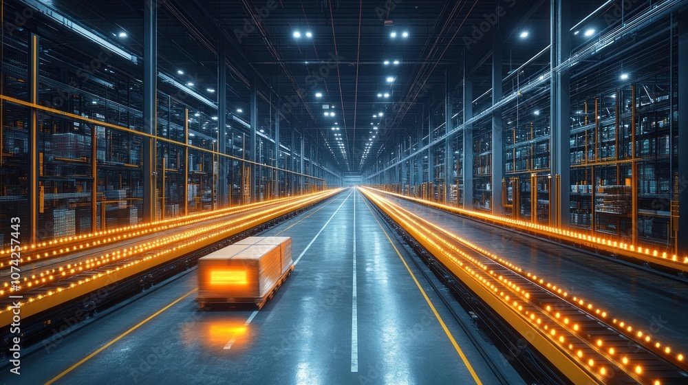 Futuristic warehouse with illuminated pathways and a delivery truck. Futuristic warehouse with illuminated pathways and a delivery truck.