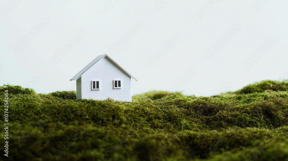 A delicate paper house model rests on a green moss cushion in the garden. with a bright white backdrop A delicate paper house model rests on a green moss cushion in the garden. with a bright white backdrop
