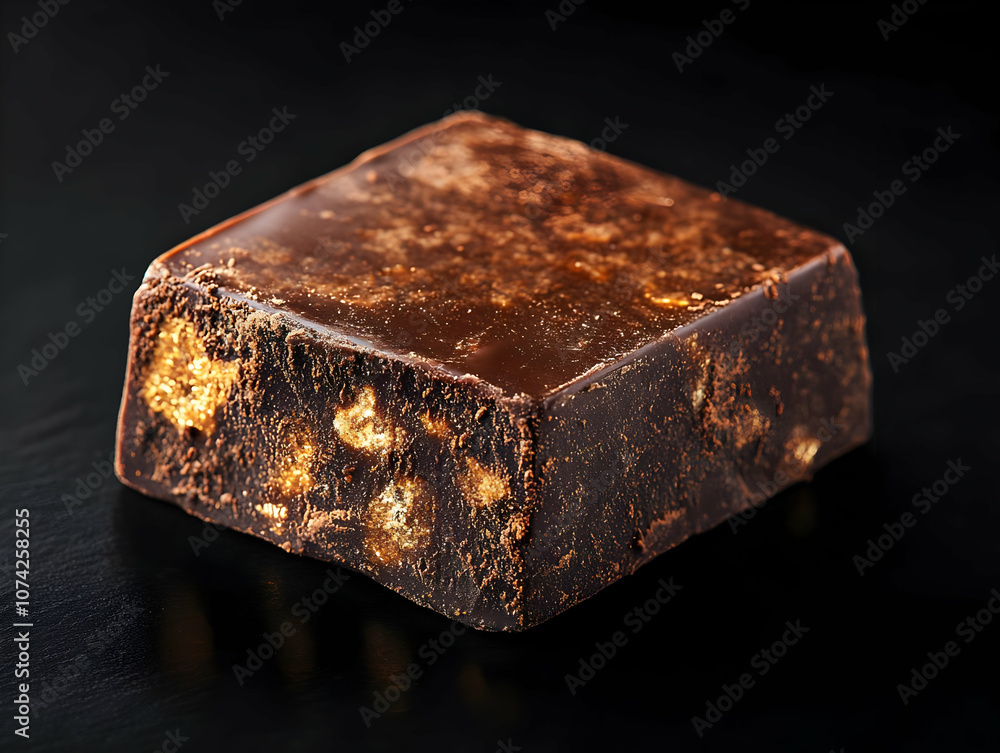 Close-up of a rich chocolate block on a dark surface, highlighting its texture and alluring sheen. Close-up of a rich chocolate block on a dark surface, highlighting its texture and alluring sheen.