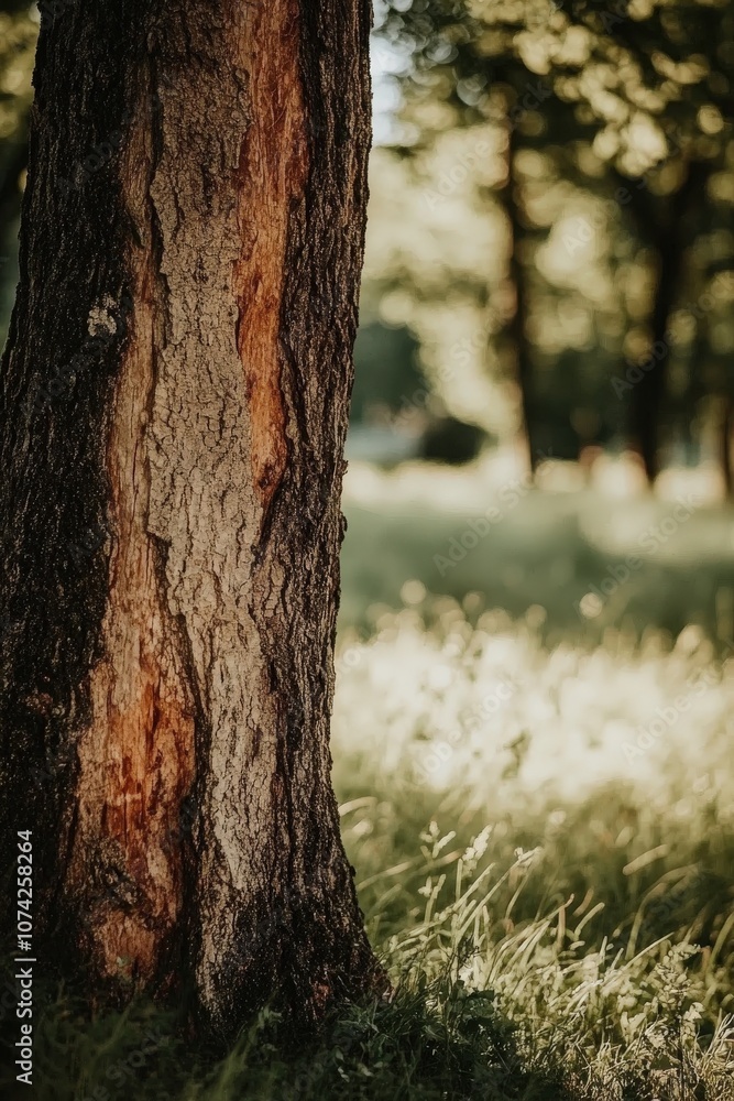 Fototapeta premium Close-up of a tree trunk with rough bark, sunlight illuminating the scene.