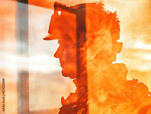 A silhouette of a firefighter against a backdrop of flames, showcasing bravery and strength.