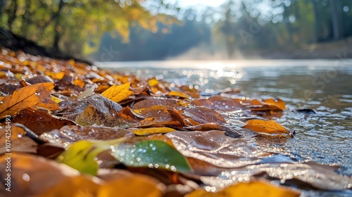 Close up of fallen leaves in a river with bokeh effect.