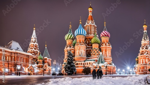 Russia a frosty winter scene with the colorful onion domes of st basils cathedral in Moscow, AI Generated