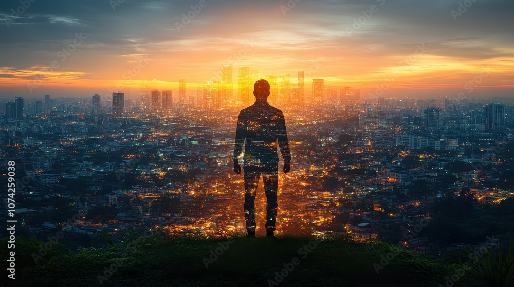 A silhouette of a person gazing at a vibrant urban sunset, symbolizing inner reflection. A silhouette of a person gazing at a vibrant urban sunset, symbolizing inner reflection.