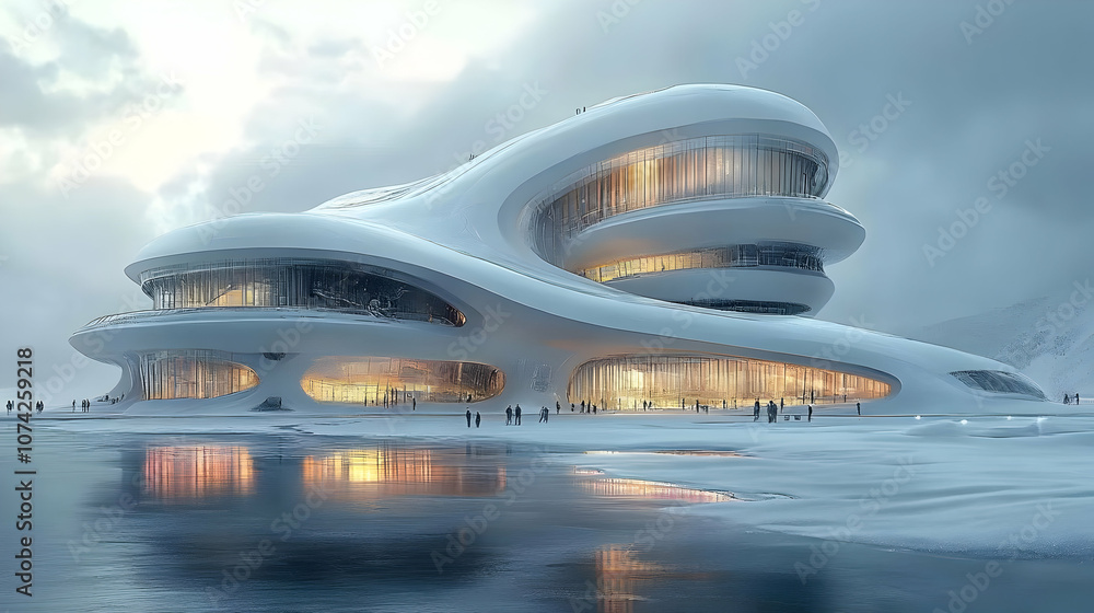 Futuristic Building on Frozen Lake 3D Illustration Futuristic Building on Frozen Lake 3D Illustration