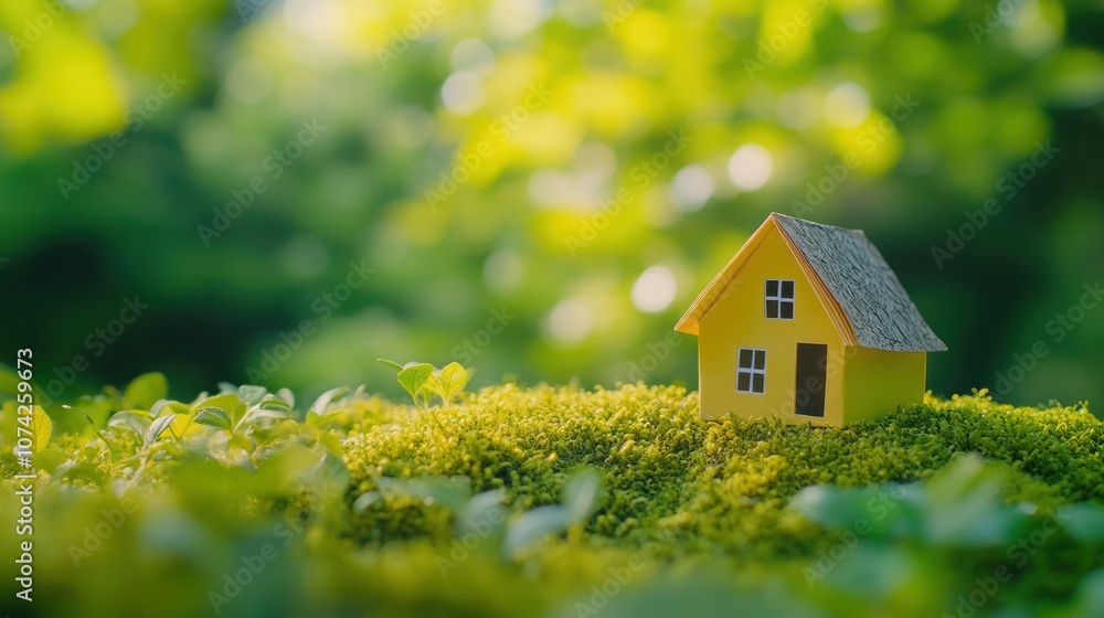 A delicate paper house model rests on a green moss cushion in the garden. with a bright white backdrop A delicate paper house model rests on a green moss cushion in the garden. with a bright white backdrop
