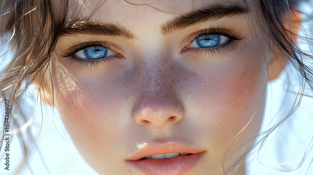 Close Up Portrait of a Woman With Blue Eyes and Freckles - Realistic Image Close Up Portrait of a Woman With Blue Eyes and Freckles - Realistic Image