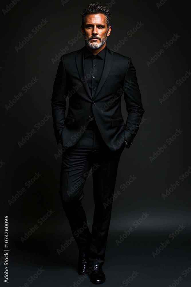 Obraz premium Full body of a very sexy man in his fifty in black suit stand in black background