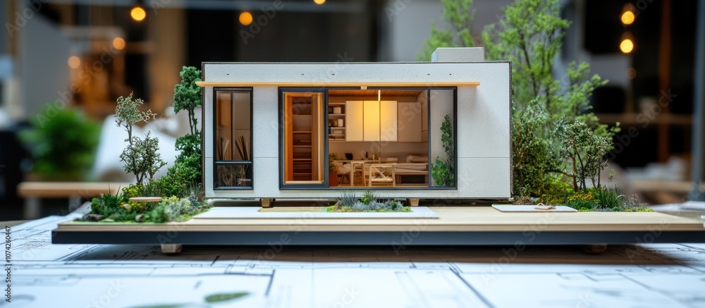 A miniature model of a modern house with an open floor plan, showcasing a kitchen and living room, surrounded by greenery. A miniature model of a modern house with an open floor plan, showcasing a kitchen and living room, surrounded by greenery.
