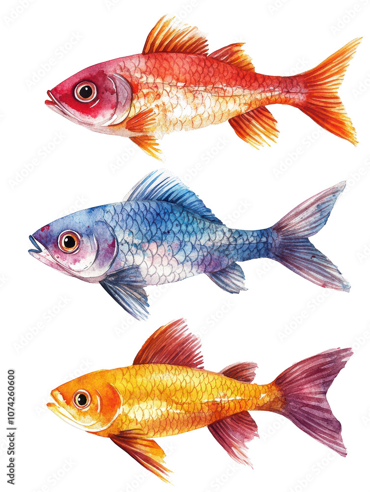 Three fish with different colors and one of them is orange. The other two are blue and red Three fish with different colors and one of them is orange. The other two are blue and red