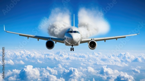 Aircraft releasing particles into the atmosphere, symbolizing environmental impact and the balance between technological advancement and ecological responsibility