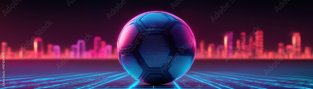 Naklejka premium A vibrant neon soccer ball against a futuristic city skyline.