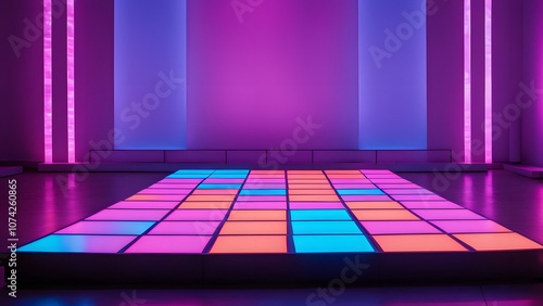A podium designed like a neon lit dance floor with colorful squares that light up in a rhythmic, Ai Generated