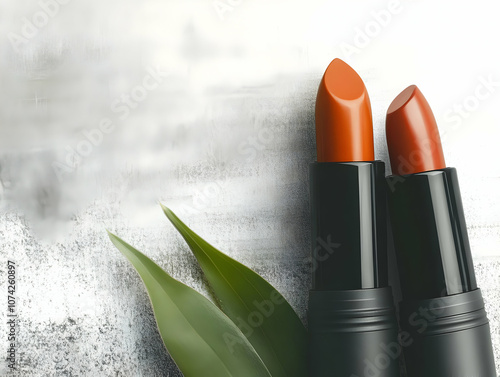 Stylish lipsticks in warm shades paired with green leaves on a gray backdrop, perfect for beauty enthusiasts. photo