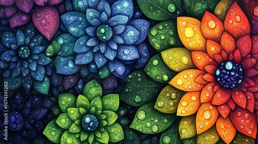 Vibrant Flower Pattern with Dew Drops Vibrant Flower Pattern with Dew Drops