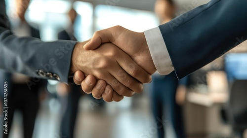 An overhead view of a complex handshake involving multiple individuals, each dressed in business attire, against a blurred office background.