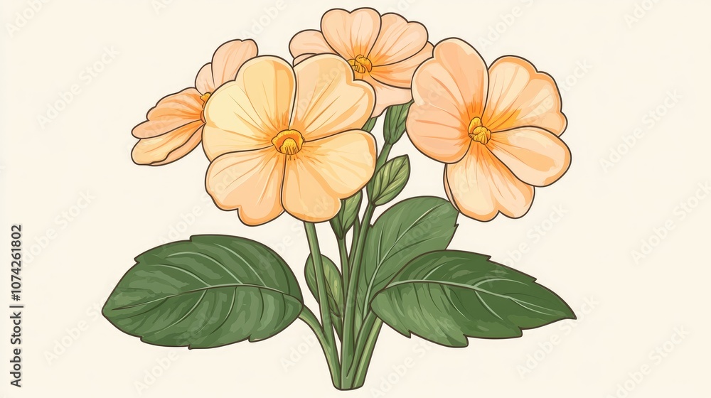 Obraz premium 2D cartoon illustration of an isolated line drawing of a primrose flower representing themes of spring and summer