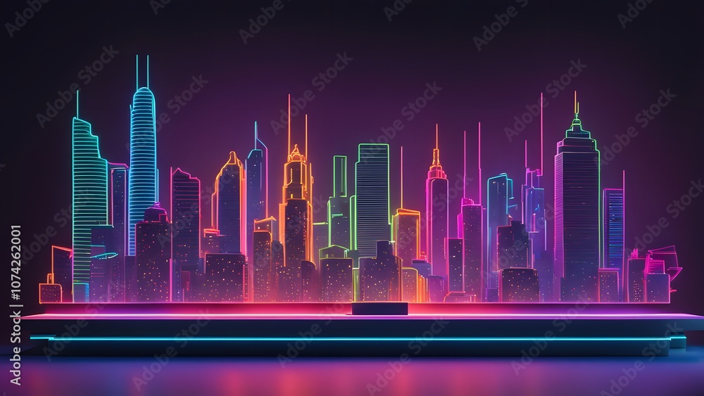 A podium designed like a vibrant city skyline with colorful building silhouettes and neon lights, Ai Generated A podium designed like a vibrant city skyline with colorful building silhouettes and neon lights, Ai Generated