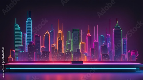 A podium designed like a vibrant city skyline with colorful building silhouettes and neon lights, Ai Generated