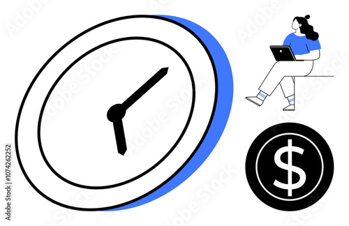 Woman working on laptop, large wall clock, dollar symbol. Ideal for productivity, time management, financial planning, remote work, freelancing, work-life balance, entrepreneurship. Line metaphor