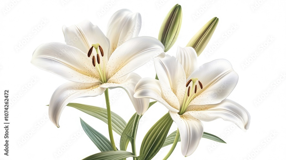 Fototapeta premium Illustration of delicate lily flowers isolated on a white background